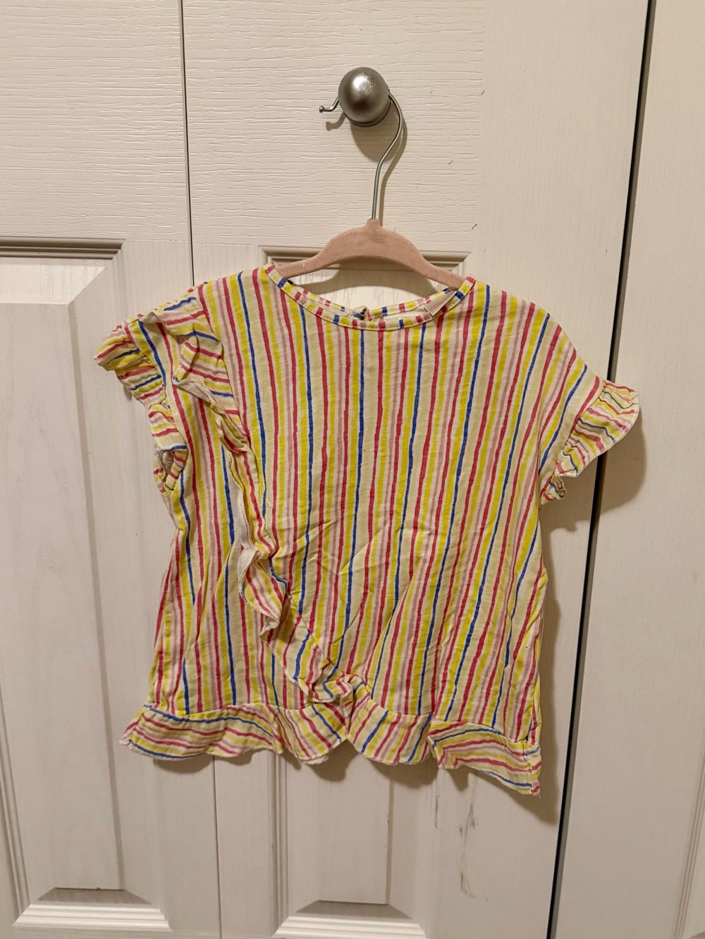 Zara Yellow Multi-Stripe Ruffle Short Sleeve Top